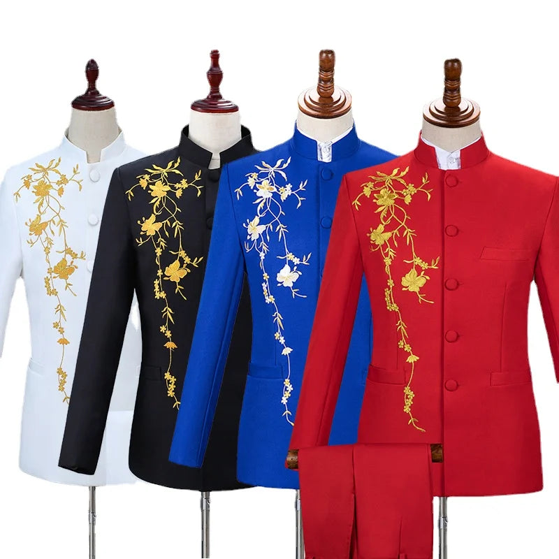 New Men Stand Collar Embroidery Suit 2 Piece Black / White / Red Fashion Male Stage Party Perform Blazer and Trousers
